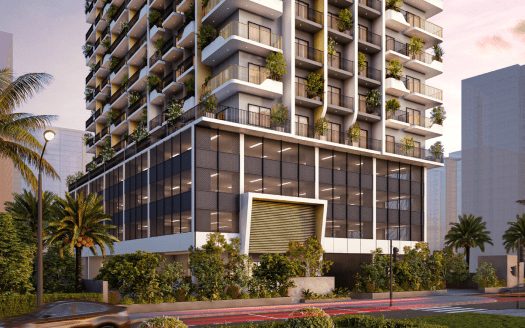 Moderno grattacielo con ampio verde sui balconi, ripreso al tramonto a Dubai. Presenta un design elegante con finestre in vetro e una caratteristica facciata inferiore. Circondato da piante tropicali e da un'auto in transito.