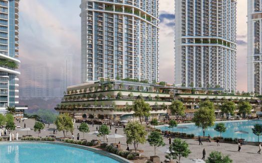 Illustrazione di un moderno sviluppo urbano a Dubai che comprende alte torri residenziali con terrazze verdi, che circondano una vivace piazza centrale con piscine, alberi e pedoni.