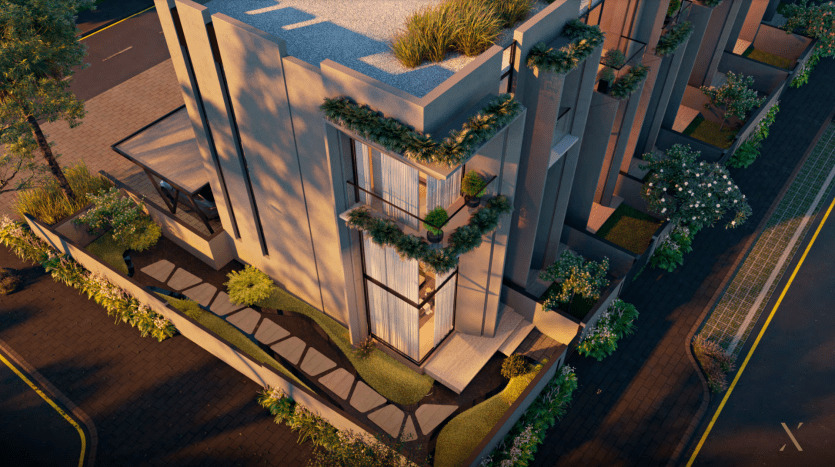 An architectural rendering of a modern building at dusk in Dubai, with outdoor lighting highlighting its geometric facade and lush greenery.