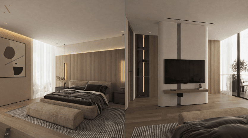 A modern bedroom in a Dubai villa with a king-size bed, wood accents and ambient lighting is shown. The image on the right reveals a rotating TV cabinet and a glimpse of a balcony.