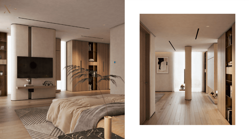 Two images of modern rooms with minimalist design, parquet flooring, beige walls and contemporary furniture in a Dubai property. The image on the left shows a television area; the image on the right a view of the corridor leading to the bedroom.