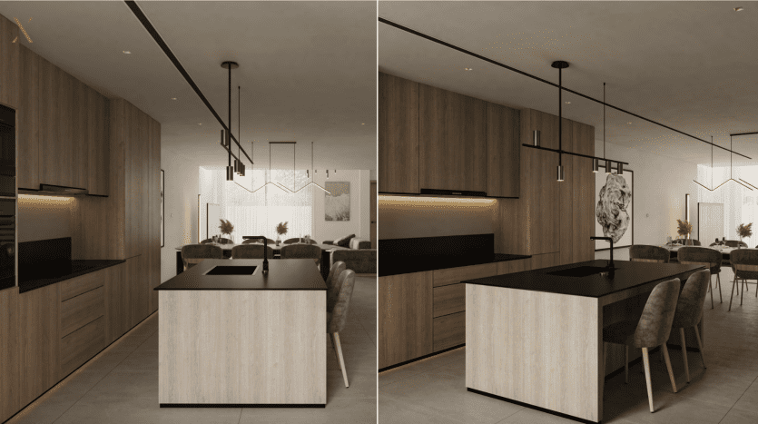 Modern kitchen and dining room featuring elegant wood cabinetry, center island, black countertops, pendant lights and green upholstered chairs. Decoration includes framed artwork and mirrors. Ideal for investment Dubai.