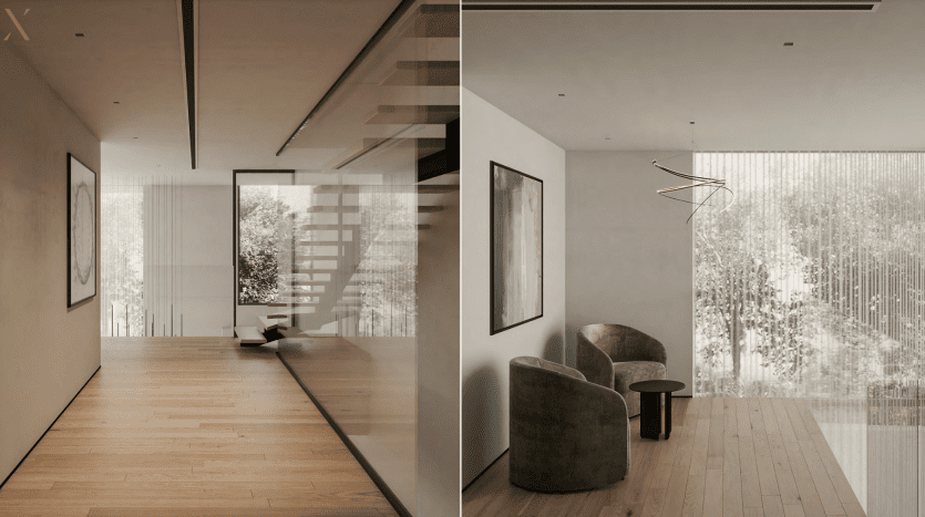 Two images of a modern, minimalist interior in a Dubai villa. The left shows a corridor with parquet flooring and framed paintings, while the right shows a cosy corner with a green armchair and