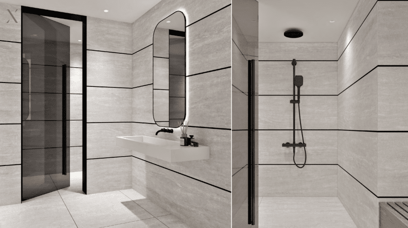 Modern bathroom featuring a glass-door shower, oval mirror with backlight, wall-mounted sink and sophisticated gray tiled walls and floor in an elegant Dubai villa.
