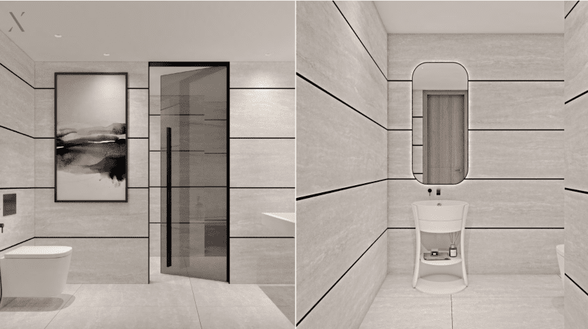 Two images of modern bathrooms with minimalist design in an upscale Dubai property. The left shows a bathroom with toilet, bathtub and framed artwork. The right shows a close-up of a compact toilet area.