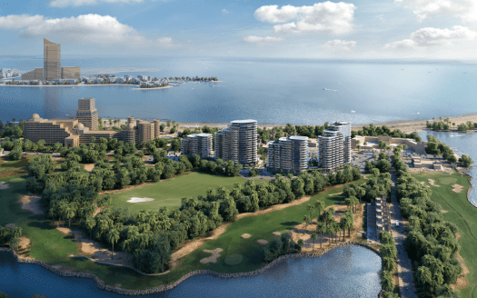 Vista aerea di un paesaggio urbano costiero caratterizzato da moderni grattacieli, edifici residenziali, un campo da golf, una vegetazione lussureggiante e un fiume tortuoso che conduce all'oceano. Scoprite questo immobile mozzafiato di Dubai