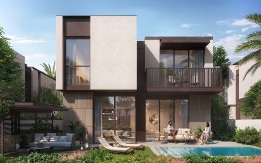 Modern two-storey house with large windows, balconies and a pool where a couple relax, surrounded by lush greenery and patio furniture under clear skies in Dubai.
