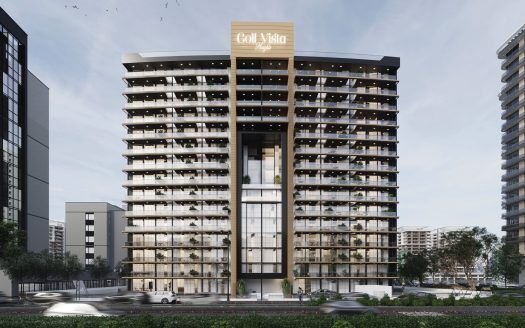 Un moderno grattacielo chiamato "Golf Vista" con una facciata in vetro, circondato da altri grattacieli e auto su un vialetto curvo in un ambiente urbano ben pianificato a Dubai.