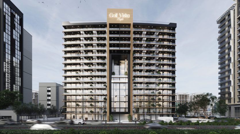 Un immeuble moderne de grande hauteur nommé "Golf Vista" avec une façade en verre, entouré d'autres immeubles de grande hauteur et des voitures sur une allée incurvée dans un environnement urbain bien aménagé à Dubaï.