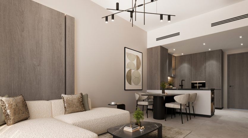 Intérieur de salon moderne avec une palette de couleurs neutres, avec un canapé beige confortable, une table à manger élégante, un coin cuisine en arrière-plan et des œuvres d'art murales géométriques élégantes dans une luxueuse villa de Dubaï.