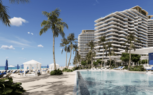 Un lussuoso complesso fronte spiaggia con una grande piscina, circondato da palme e moderni grattacieli sotto un cielo azzurro e limpido, perfetto per investire a Dubai.