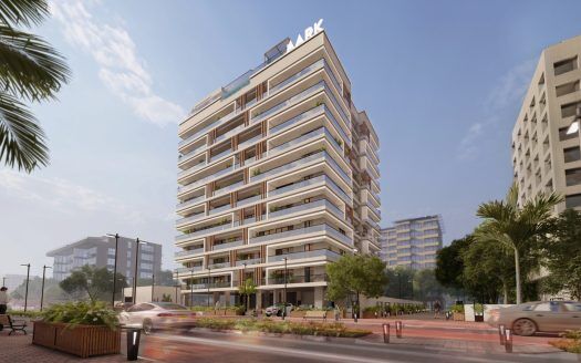Rendering 3D di un moderno edificio multipiano con balconi e una grande insegna in cima con la scritta "APX", inserito in un paesaggio urbano con alberi, auto in transito e pedoni a Dubai.