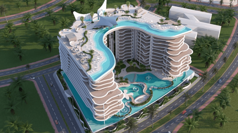 Vue aérienne d'une villa moderne et luxueuse à Dubaï conçue avec des sols ondulés ressemblant à des vagues, avec des piscines sur le toit et une verdure luxuriante entourée de palmiers.