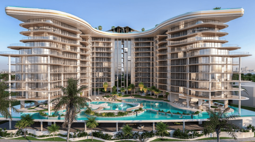 Des immeubles résidentiels modernes et curvilignes à plusieurs étages flanquant une tour centrale, avec un aménagement paysager luxuriant et une piscine luxueuse, le tout sur un ciel clair et ensoleillé à Dubaï.