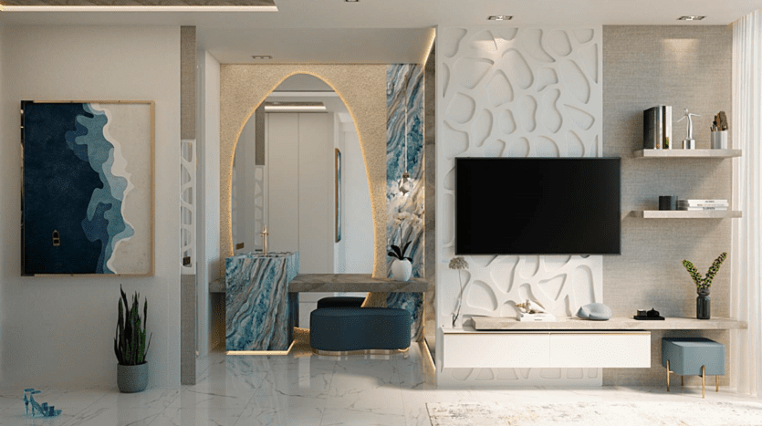 Intérieur de salon moderne présentant une élégante palette de couleurs bleu et blanc, avec un mobilier élégant, des panneaux muraux décoratifs et de l'art abstrait. Une arcade mène à une autre pièce de cette luxueuse villa de Dubaï.