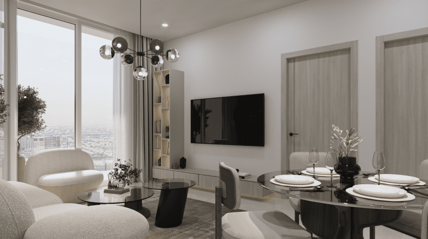 Salle à manger d'une villa moderne à Dubaï avec une table élégante pour quatre personnes, un mobilier élégant et une vue sur la ville à travers des baies vitrées.