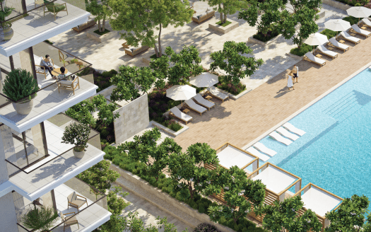 Una lussuosa piscina all'aperto circondata da piante e alberi rigogliosi, completa di lettini, tavoli ombreggiati e una terrazza per passeggiare. Le persone possono essere viste rilassarsi e passeggiare nell'ambiente sereno di una villa di prima classe a Dubai.