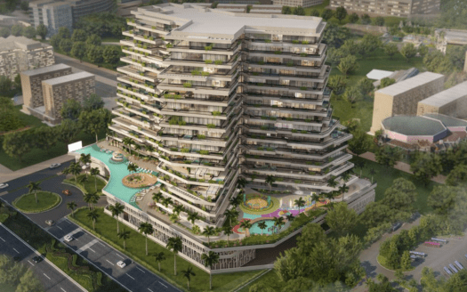 Rappresentazione artistica di una grande villa moderna a più piani a Dubai, circondata da una vegetazione lussureggiante, che comprende terrazze con giardini, una zona piscina e parchi adiacenti.