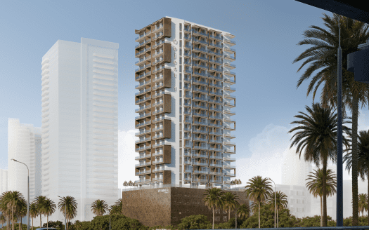 Rendering digitale di un moderno appartamento in un grattacielo di Dubai con diversi balconi, circondato da palme sotto un cielo azzurro e limpido in un contesto urbano.