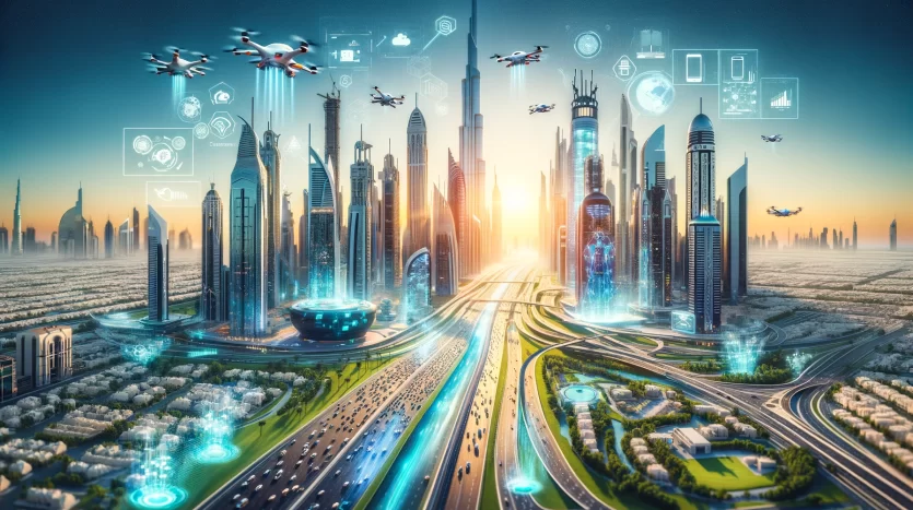 Futuristic cityscape at sunrise with cutting-edge technology, flying vehicles and digital interfaces flying over Dubai's skyscrapers and landscaped roads, reflecting a high-tech urban environment.