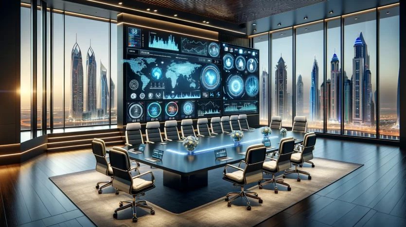 A futuristic meeting room in a Dubai villa, with a large digital screen displaying data analysis, surrounded by modern chairs and a panoramic view of the city's rooftops at dusk.