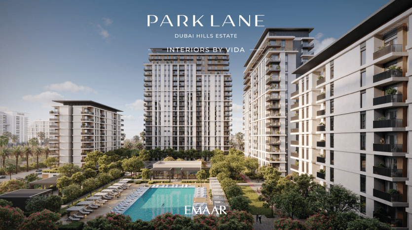 Художественная визуализация жилого комплекса Park Lane в Dubai Hills Estate с современными высотными зданиями, центральным бассейном, пышным ландшафтным дизайном и эксклюзивной виллой в Дубае.