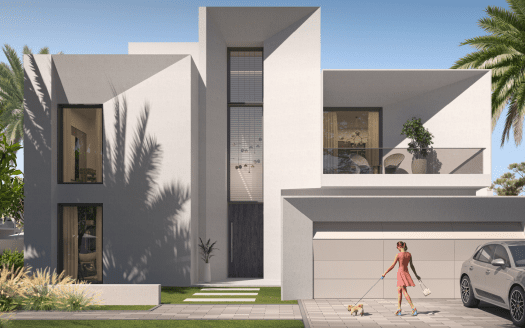 Une femme promène deux petits chiens devant une villa moderne de Dubaï dotée de grandes fenêtres, entourée de palmiers et garée près d’une voiture argentée.