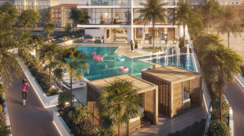 Piscine extérieure luxueuse avec cabanes, palmiers et grands flotteurs flamants roses, entourée d'une villa résidentielle moderne de Dubaï au coucher du soleil.