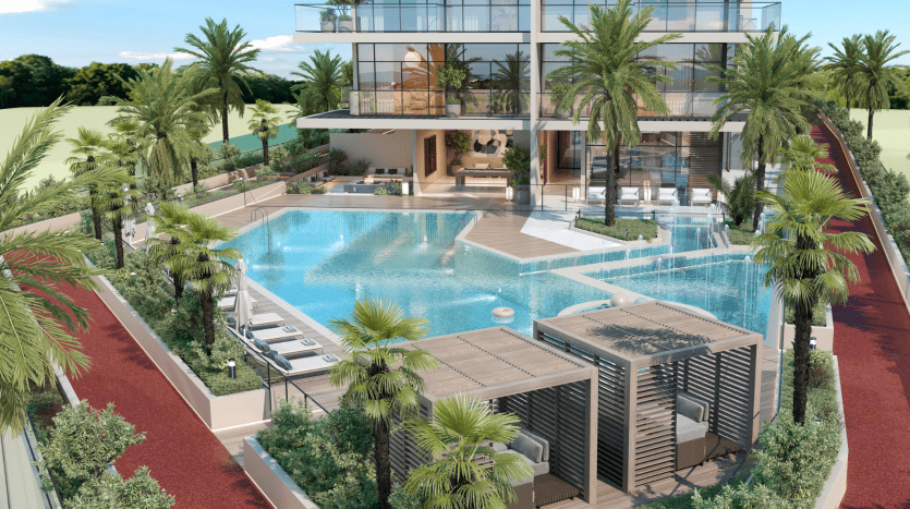 Une luxueuse piscine de style complexe entourée de palmiers luxuriants, comprenant une villa moderne de deux étages à Dubaï avec des murs en verre et des balcons donnant sur la piscine.