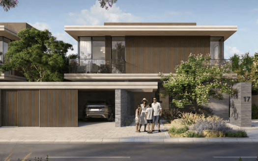 A modern villa with horizontal slat design elements, featuring a family of three standing outside. The home features prominent balconies and a landscaped front yard.
