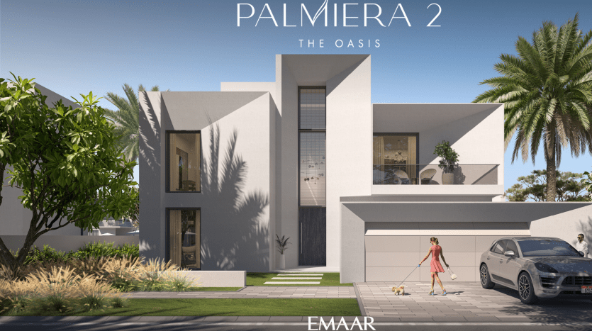 Un immeuble résidentiel moderne de deux étages à l'architecture géométrique, avec une femme qui marche et deux chiens au premier plan, et des voitures garées près d'une rue bordée de palmiers. Le texte « PALMIERA 2 THE OASIS EMAAR » s'affiche en haut. Idéal pour vitrine via une agence