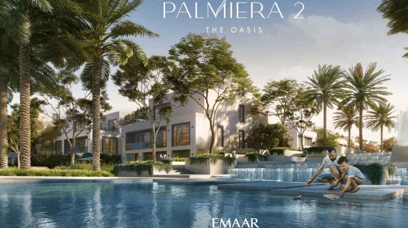 Une scène résidentielle idyllique avec une famille au bord d'une piscine, entourée de palmiers luxuriants et de villas modernes à Dubaï baignées de soleil, avec le texte « Palmiera 2 The Oasis » bien en évidence.