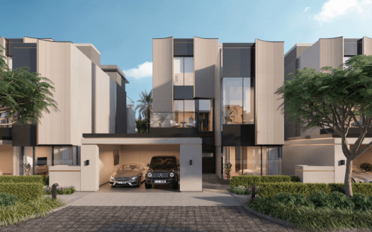 Les maisons modernes à deux étages du Watercrest Ellington présentent des lignes épurées et de grandes fenêtres côte à côte. La façade présente des panneaux beiges et noirs, avec une berline de luxe et un SUV garés dans l'allée. Une verdure luxuriante et de petits arbres encadrent les cours avant, ajoutant une touche de nature.