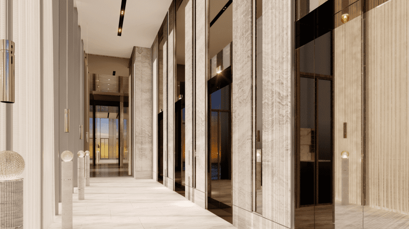 A modern, luxurious Pier corridor features tall glass doors and marble walls. The floor is made up of light-colored polished stone tiles, and the space is well lit by elegant recessed lighting. Decorative spherical lights are evenly spaced along the corridor.
