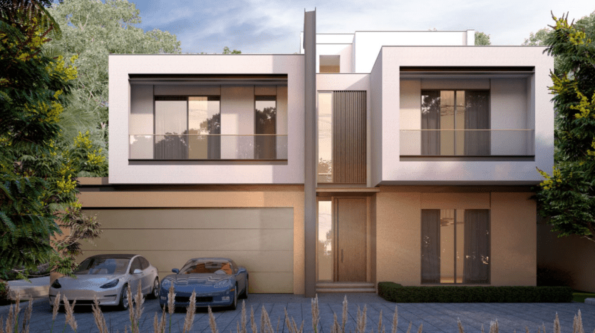Maison moderne de deux étages à Sobha Elwood avec un design minimaliste, avec de grandes fenêtres et une entrée centrale. Deux voitures, une berline blanche et une décapotable bleue, sont garées dans l'allée. Une verdure luxuriante entoure la maison contemporaine, accentuant ses lignes épurées.