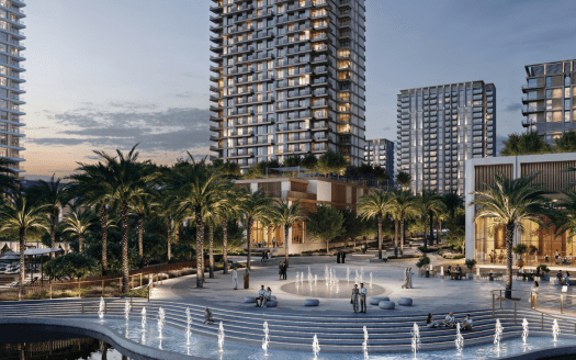 Una scena crepuscolare di una moderna piazza cittadina con diversi grattacieli residenziali, tra cui Address Residences, sullo sfondo. La piazza è ornata da alte palme, fontane illuminate e persone che passeggiano e si rilassano tranquillamente, creando un'atmosfera vivace e serena.