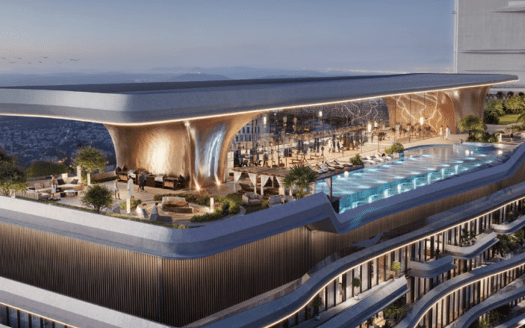 La lussuosa terrazza sul tetto del One Sky Park, dal design moderno, ospita un'elegante piscina circondata da lettini e da un paesaggio lussureggiante. Lo spazio si affaccia su un paesaggio urbano al tramonto, con posti a sedere all'interno e all'esterno, eleganti dettagli architettonici e luci soffuse che creano un ambiente sereno ed elegante.