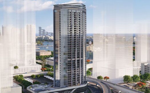 Un grattacielo elegante e moderno si erge nel cuore di un paesaggio urbano che combina grattacieli e spazi verdi. L'edificio si chiama Franck Muller Vanguard London Gate ed è circondato da un mix di aree commerciali e residenziali vicino a un lago.