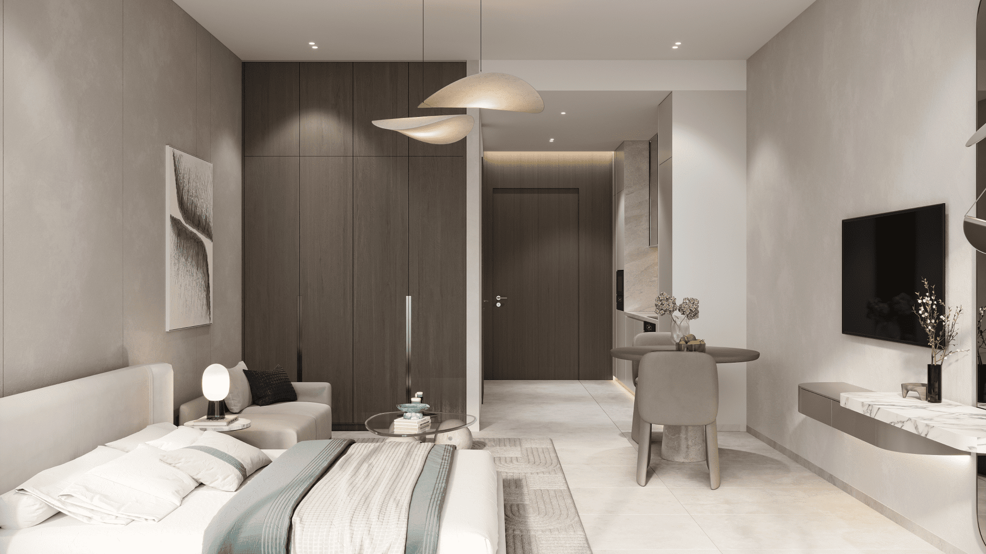 Chambre moderne au décor minimaliste, avec un lit avec des draps blancs et des lampes de chevet. Des œuvres d'art murales abstraites ajoutent du style, tandis qu'un téléviseur REEF 1000 est fixé au mur opposé. Un petit coin repas avec deux chaises, agrémenté d'un éclairage subtil et de plantes décoratives, complète cet espace serein.