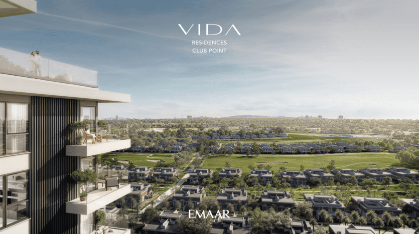 A residential building with balconies overlooks a panoramic view of landscapes, villas and greenery under a clear sky. The text "Vida Residences" and "Emaar" is visible in the image, perfectly capturing the serene essence of this magnificent location.