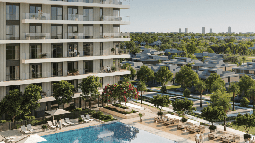 Vida Residences is a modern high-rise apartment building with balconies overlooking a large outdoor area with swimming pool. In the background, rows of tree-lined suburban houses stretch towards a distant horizon dotted with tall buildings.