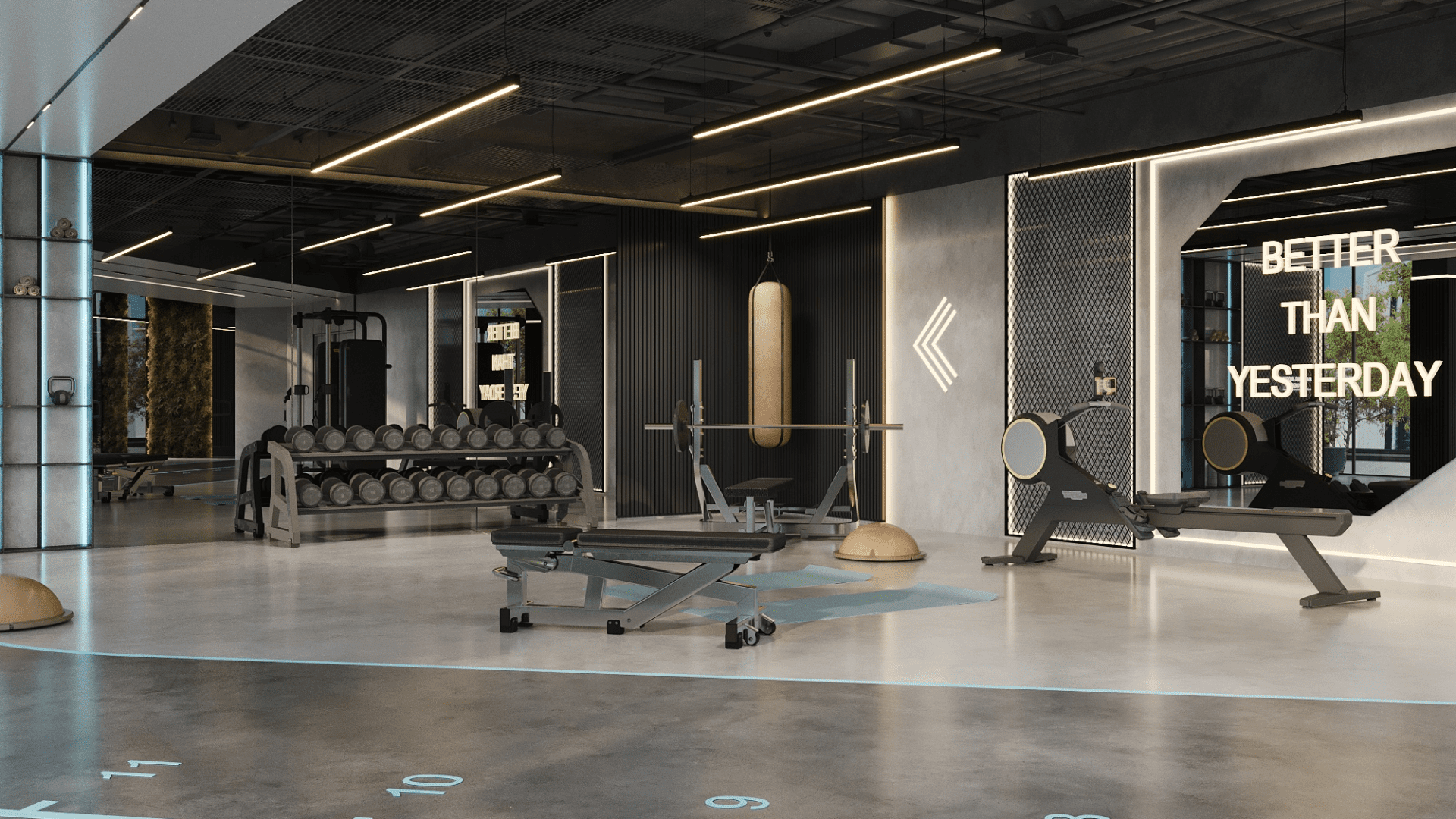 Un intérieur de salle de sport moderne avec divers équipements d'exercice, dont un support de poids, un sac de frappe et des machines cardio. Un texte de motivation sur le mur indique « Better Than Yesterday ». La pièce est bien éclairée avec des éléments de design industriel épurés.