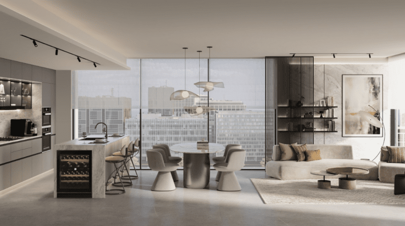 Cuisine et salon modernes à aire ouverte avec une grande fenêtre donnant sur le paysage urbain de Parkway. Les caractéristiques comprennent des armoires élégantes, un îlot de cuisine avec des tabourets de bar, une table à manger ronde avec des chaises, un canapé confortable, des œuvres d'art murales et des luminaires contemporains.