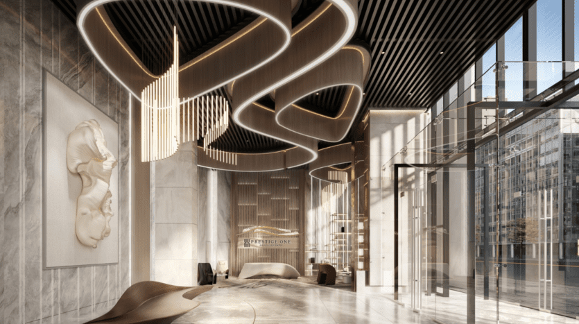 Un hall d'hôtel moderne et élégant le long de Parkway avec des luminaires et des sculptures artistiques. L'espace comprend un long comptoir de réception, un banc en bois incurvé et de grandes fenêtres offrant une vue sur la ville. Les tons neutres et les motifs complexes du plafond créent une atmosphère luxueuse.