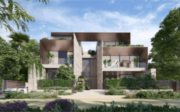 La maison moderne à étages Bo Monde est dotée de grandes baies vitrées et de surplombs géométriques. Son extérieur est entouré d'une végétation luxuriante, avec une voiture élégante dans l'allée, sous un ciel clair parsemé d'oiseaux en vol.