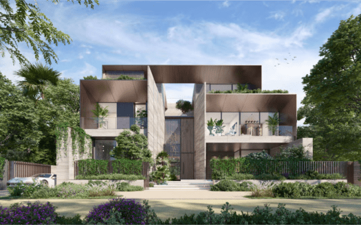 La maison moderne à étages Bo Monde est dotée de grandes baies vitrées et de surplombs géométriques. Son extérieur est entouré d'une végétation luxuriante, avec une voiture élégante dans l'allée, sous un ciel clair parsemé d'oiseaux en vol.