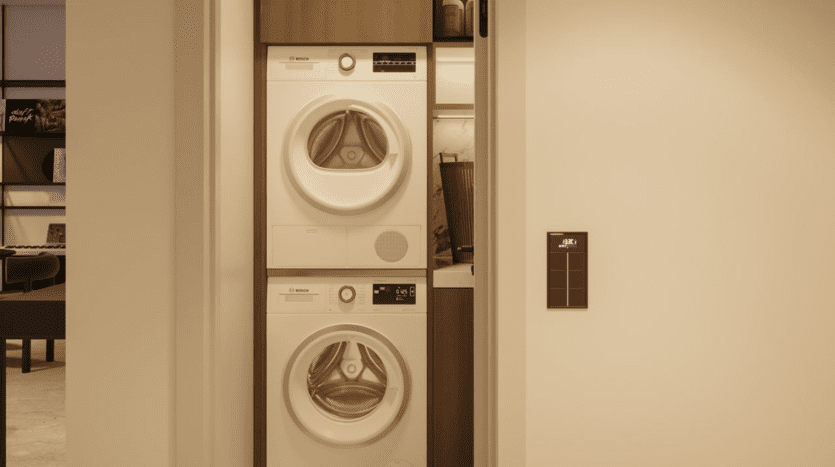 Un ensemble lave-linge et sèche-linge superposé est installé dans un petit placard à linge avec une porte coulissante, adjacent à un espace de vie moderne. Les appareils sont blancs et des étagères sont visibles au-dessus d'eux.