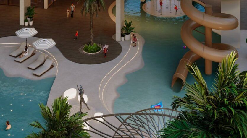 La piscine moderne du Marquis One Arjan est équipée de chaises longues, de personnes se relaxant sous les palmiers et d'un grand toboggan en spirale de couleur marron qui mène à la piscine. Certains clients se promènent tandis que d'autres s'amusent près de l'eau accueillante.