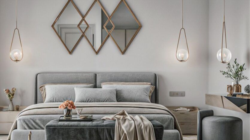 La chambre à coucher moderne de Butterfly Towers Arjan se compose d'un lit capitonné gris, d'une literie beige et grise, de lampes suspendues, de miroirs géométriques au-dessus de la tête de lit et d'un décor minimaliste avec des fleurs et des plantes.