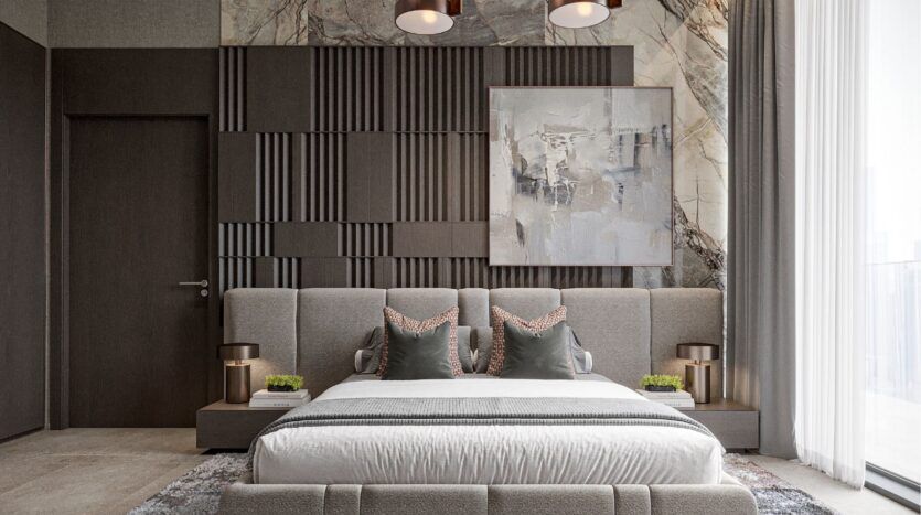 Modern bedroom featuring a large upholstered bed, two decorative pillows, bedside tables with lamps, abstract wall art and patterned wall panels, all enhanced by sheer curtains and the chic touch of Sierra by Iman decor.